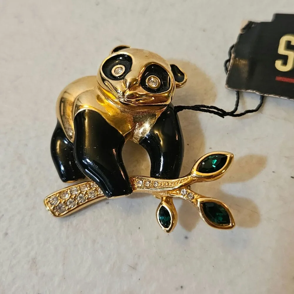 Vintage Savvy Panda Bear Brooch NOS Gold Tone Enamel Rhinestone Pin with tag